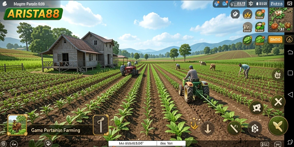 Gameplay interaktif ARISTA88 menampilkan pertanian yang menghijau dan hewan ternak yang lucu.