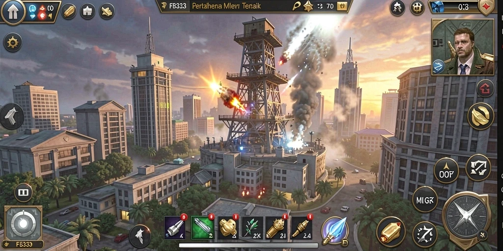 Screenshot gameplay FB333 menampilkan aksi menara yang mendebarkan.