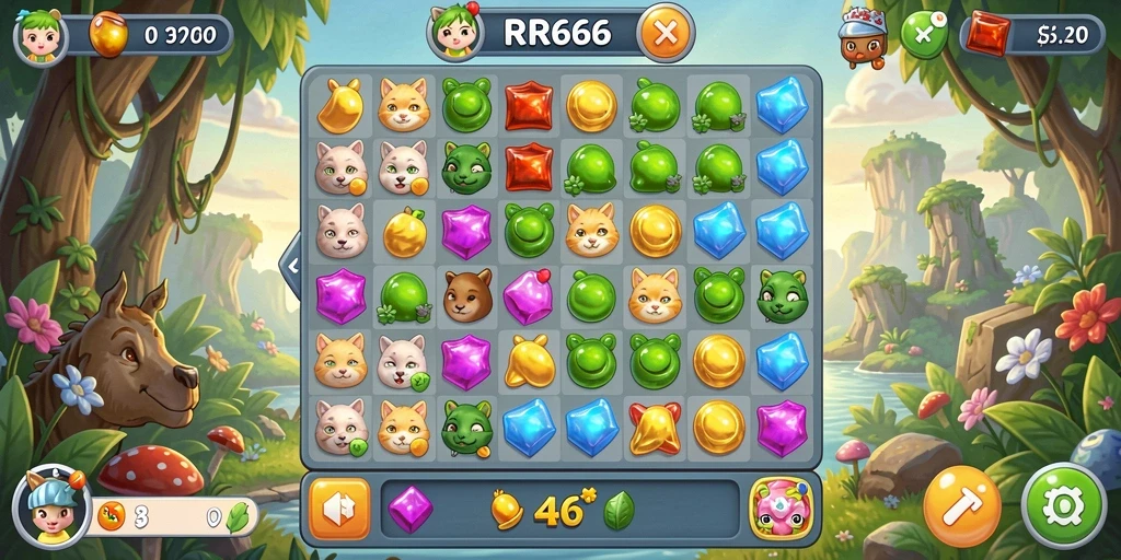 Screenshot gameplay menarik dari RR666 dengan level Match-3.